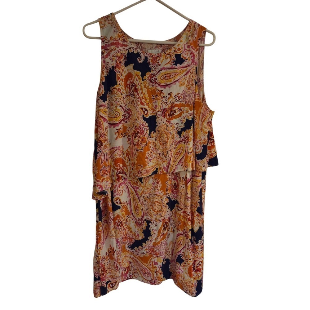 J Jill Sleeveless Layered Shift Dress Blue Pink Orange Paisley Knee Length XL